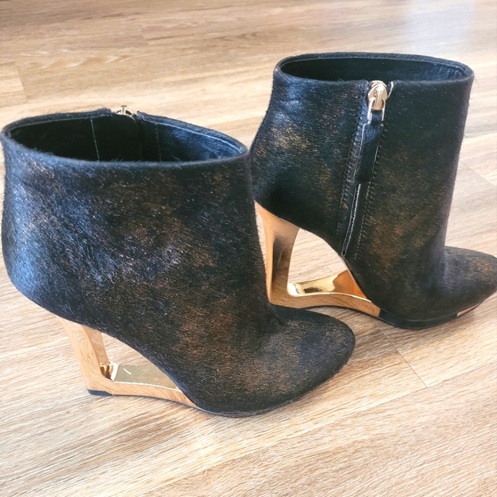 Brand New Chic Black Pony hair and  Gold Wedge Ankle Boots